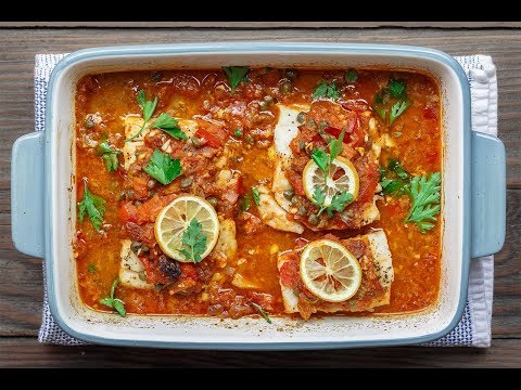 baked cod  or halibut  with tomatoes