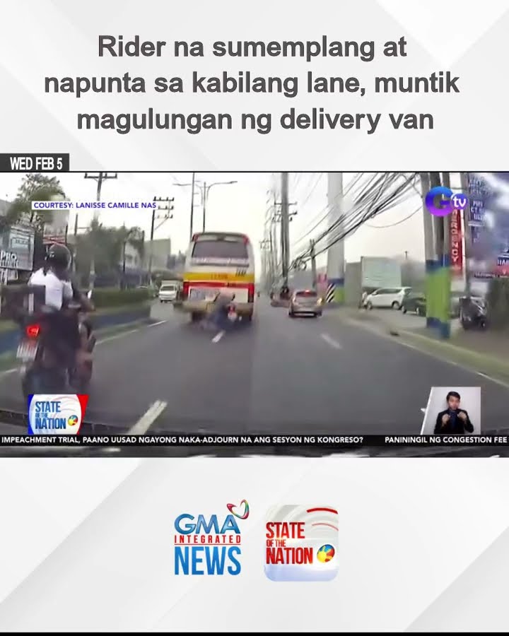 Rider na sumemplang at napunta sa kabilang lane, muntik magulungan ng delivery van | SONA