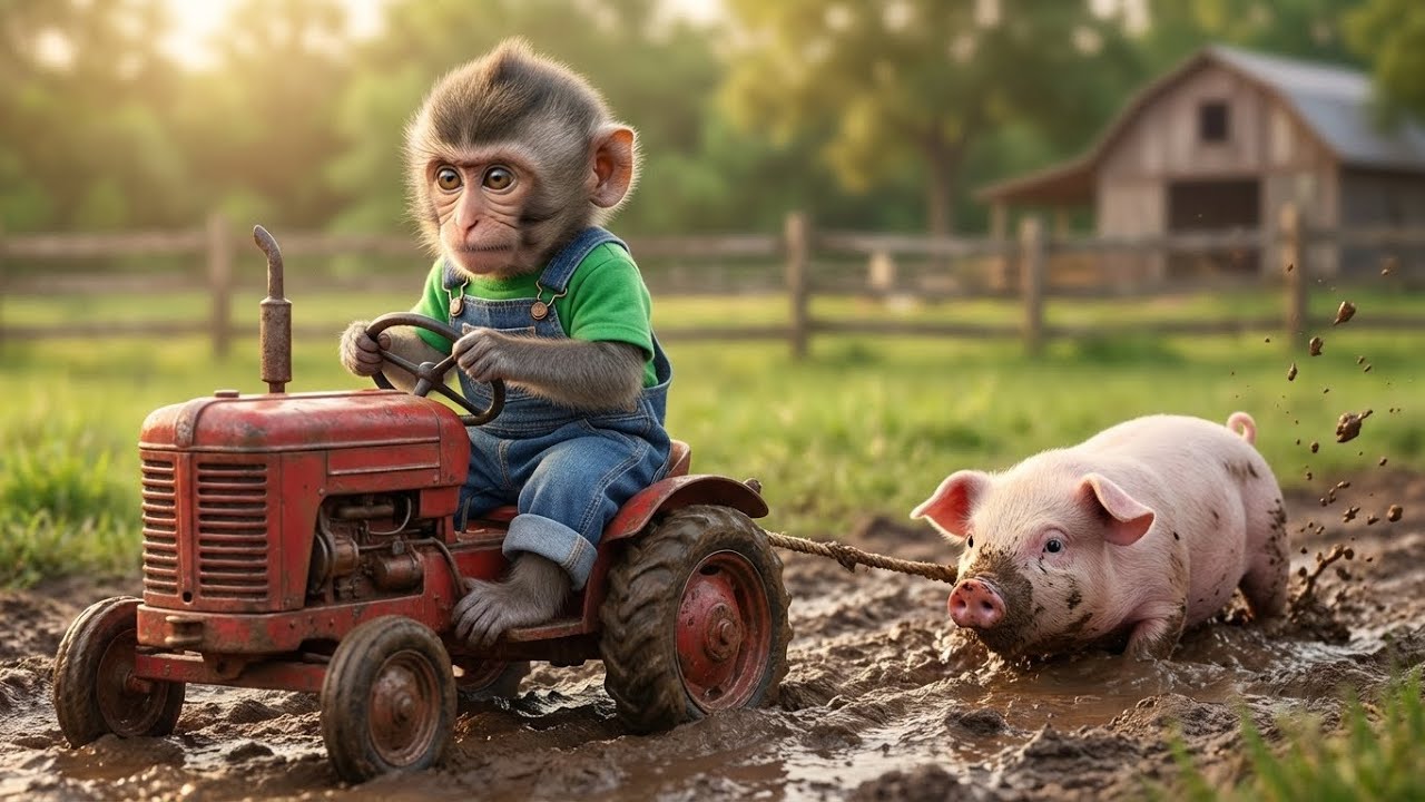 Baby Monkey’s Tractor Rescue: Pig Stuck in Deep Mud! 🐒🚜🐷