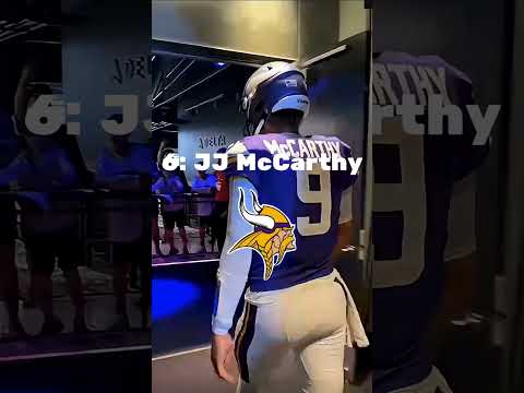 Helmet, Shirt, People. Text: 6: JJ McCarthy 9