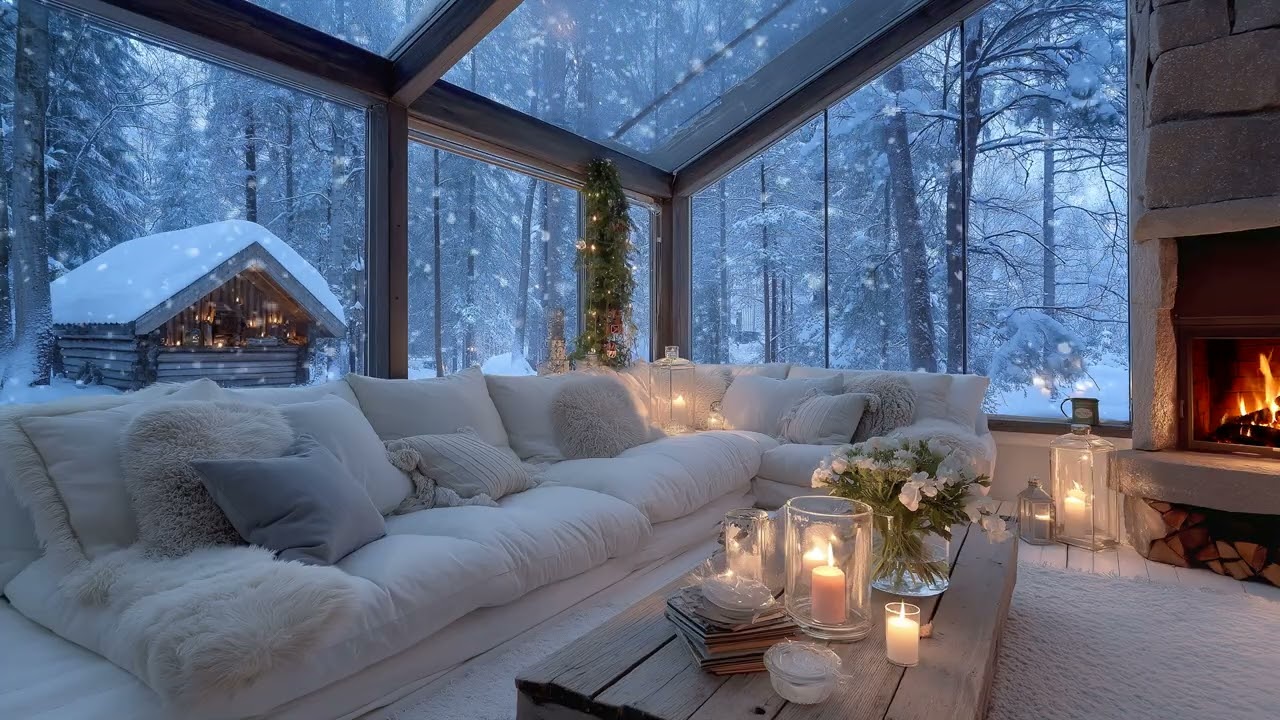 🌹🎼Peaceful Winter Piano Lounge with Snow Outside & Fire Inside for Deep Focus, Meditation & Relax