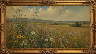 Vintage Framed Painting Wall Art 4K | Wildflowers in Open Field | Peaceful Landscape