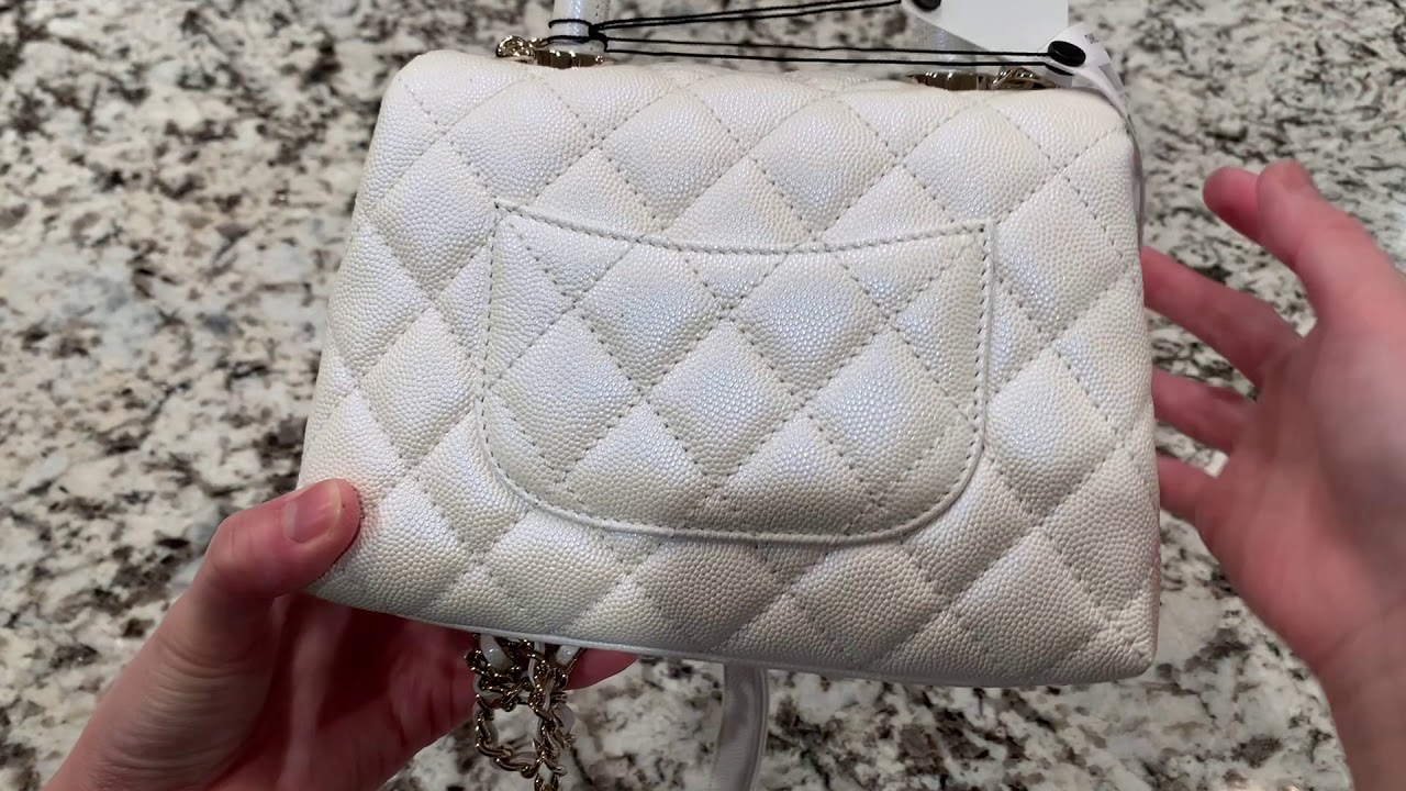 White Quilted Caviar Mini Coco Top Handle Flap Bag Pale Gold