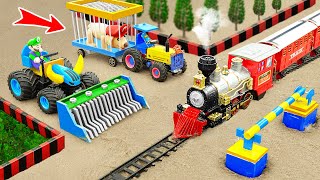 Diy tractor mini Bulldozer to making Concrete Barrier for Train | Mario rescues Paw Patrol | HP Mini