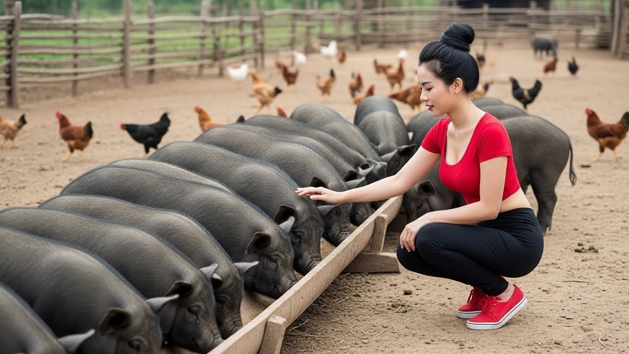 The young girl takes care of the pets and renovates the garden