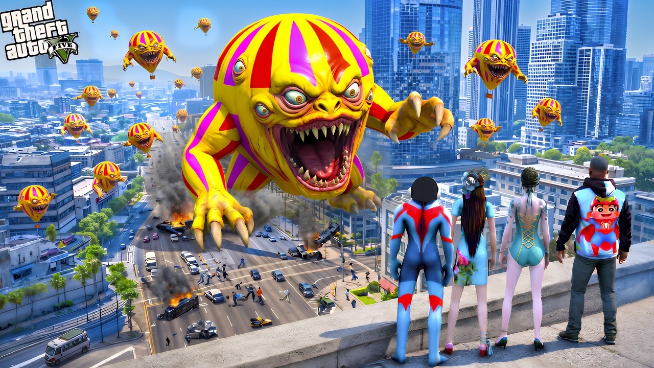 Franklin and Shinchan Two Girlfriends in Danger! GIANT EVIL BALLOON ATTACK in GTA 5 😱🔥
