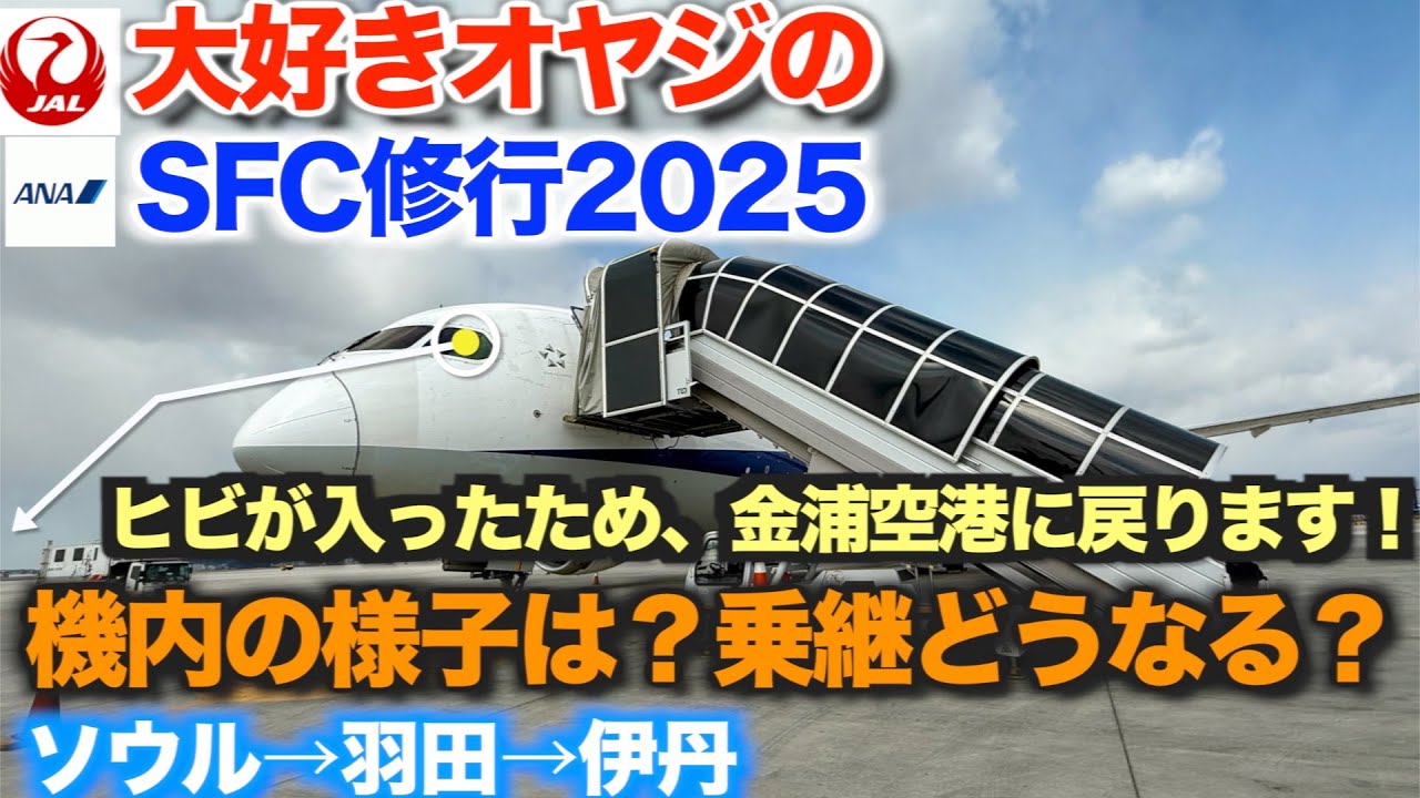 【SFC修行2025】操縦席の窓にヒビが入りました。金浦空港に戻ります。人生初のエアターンバックを経験した長い1日。海外発券修行でイレギュラーが起こるとこんなに大変！金浦→羽田→伊丹