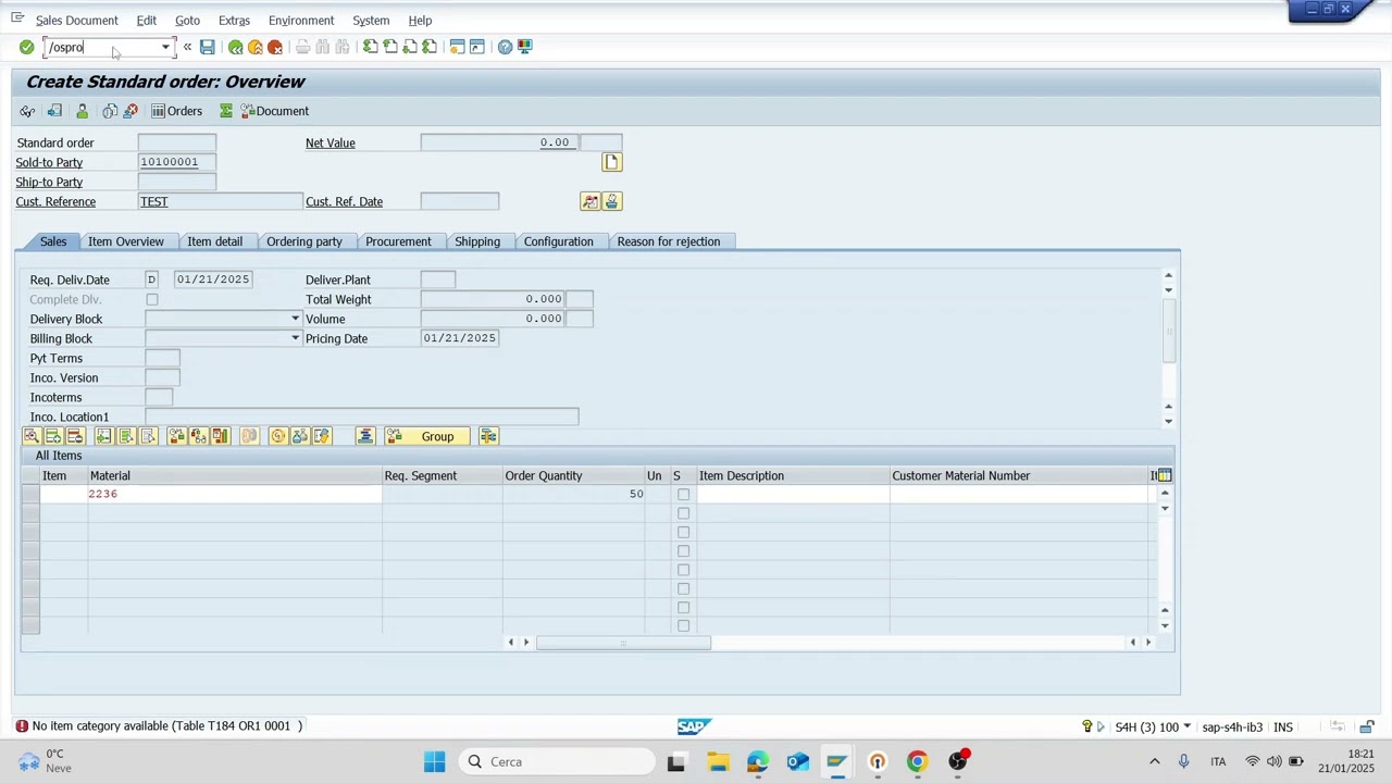 No item category available Table T184 XXX YYYY Message No. V1320
