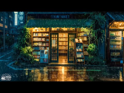 Japanese Bookstore Ambience 📖 Lofi Rainy Night To Escape Into Books & Peace 📖 Pluviophile Lofi Songs