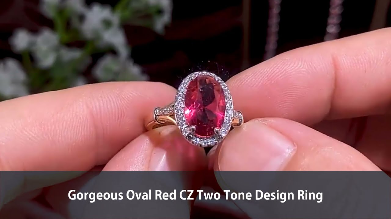 Gorgeous Oval Red CZ Two Tone Design Ring
