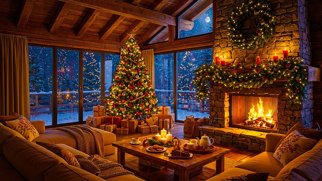 Soothing Christmas Piano Music & Fireplace Sounds ️ Cozy Living Room ...