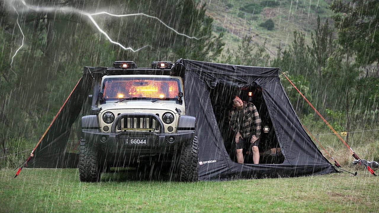 I camped in Heavy RAIN and Thunder STORMS sheltered under a Car Awning. Relaxing Solo Camping ASMR