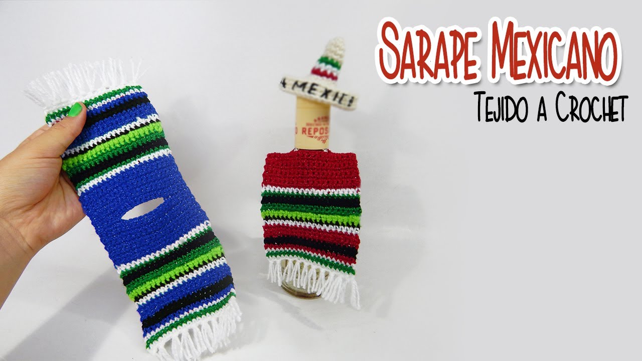 MINI SARAPE MEXICANO 🟢⚪🔴 tejido a crochet DECORACION PARA BOTELLA