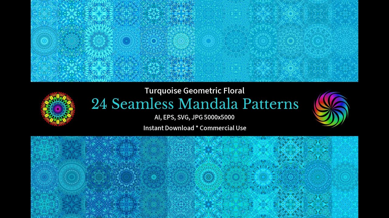 24 Turquoise Seamless Floral Mandala Patterns – Elegant Digital Design Set