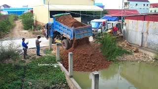 Full Video Plan Landfill By Mitsubishi B2J Bulldozer Pushing Soil And 5Ton Dump Truck Unloading Soil