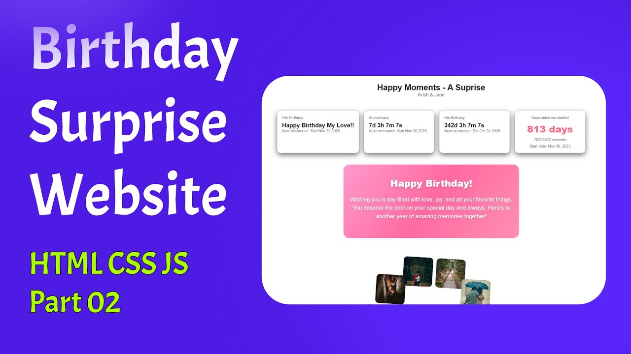 Birthday Surprise Website – Part 2 | Countdown Cards Coding | HTML CSS ...