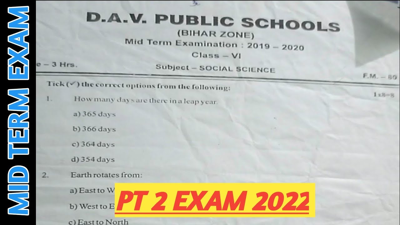 Dav Class 6 Mid Term Exam Question Paper Of Social Science Sst Dav