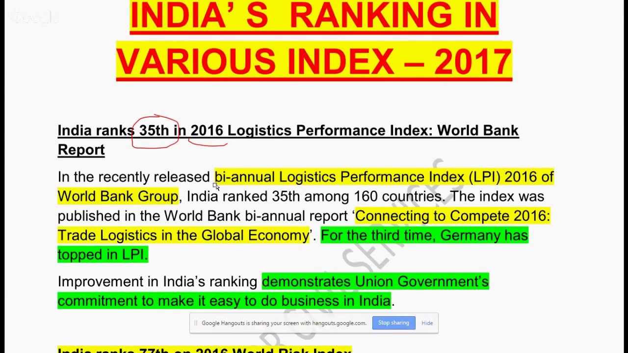 2017 LATEST - INDIA’ S RANKING IN VARIOUS INDEX Part 1 - YouTube