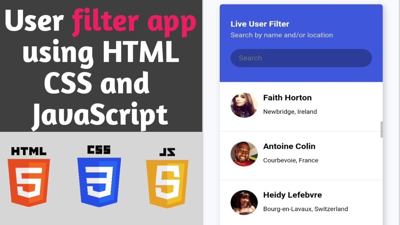 Filter user app using HTML CSS and JavaScript - YouTube