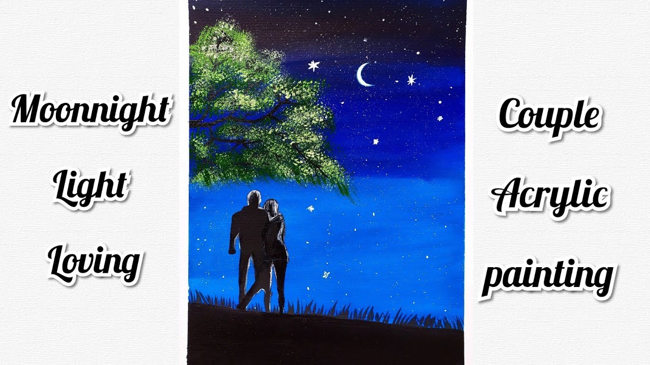 Moonlight Night Loving Couple Painting For Beginners / Step By Step /
