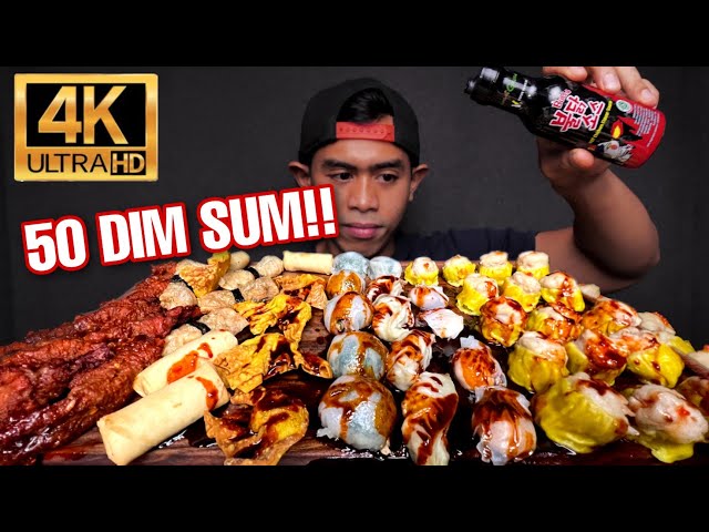 ASMR MUKBANG DIMSUM 50 BIJI SIRAM SAUS SAMYANG!! class=