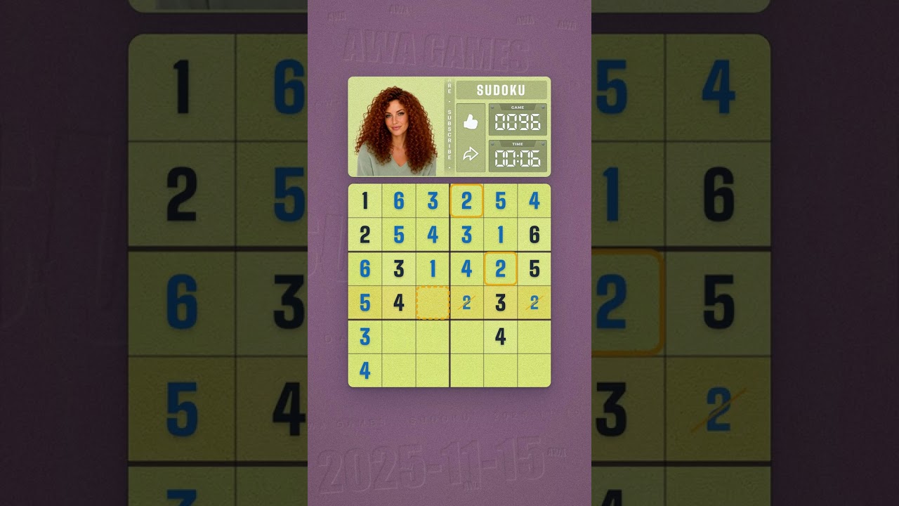 LinkedIn Mini Sudoku #96 solved board for November 15, 2025, 6x6 grid