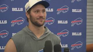 Josh Allen speaks to the media following a joint practice with the Cleveland Browns