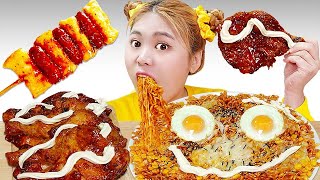 MUKBANG Corn cheese fire noodles SPICY BBQ CHICKEN by HIU 하이유