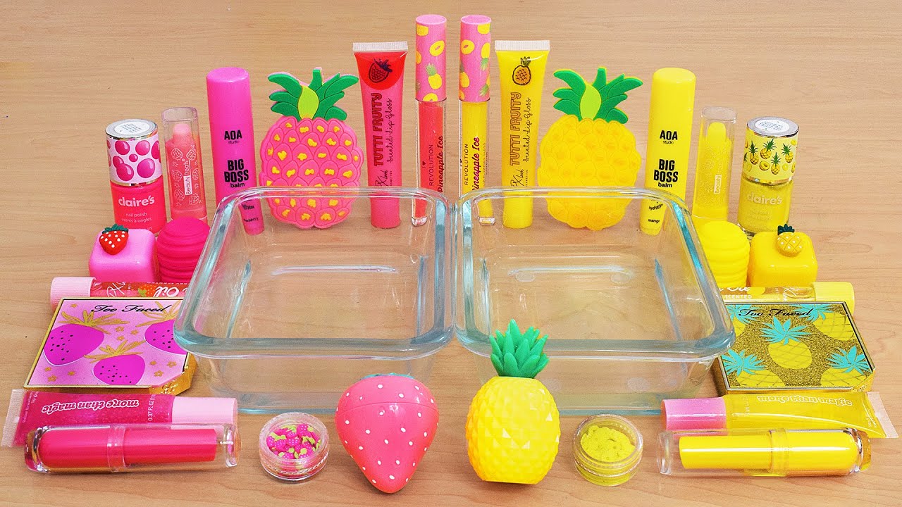 Strawberry vs Pineapple Slime ASMR - Mixing Makeup Eyeshadow Into Satisfying Slime Video
