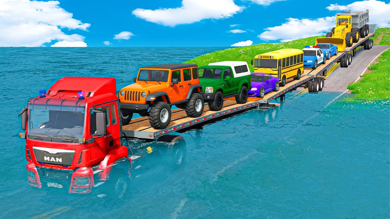 Five Flatbed Trailer McQueen Transportation with Truck - Speedbumps vs Cars vs Train - BeamNG #42