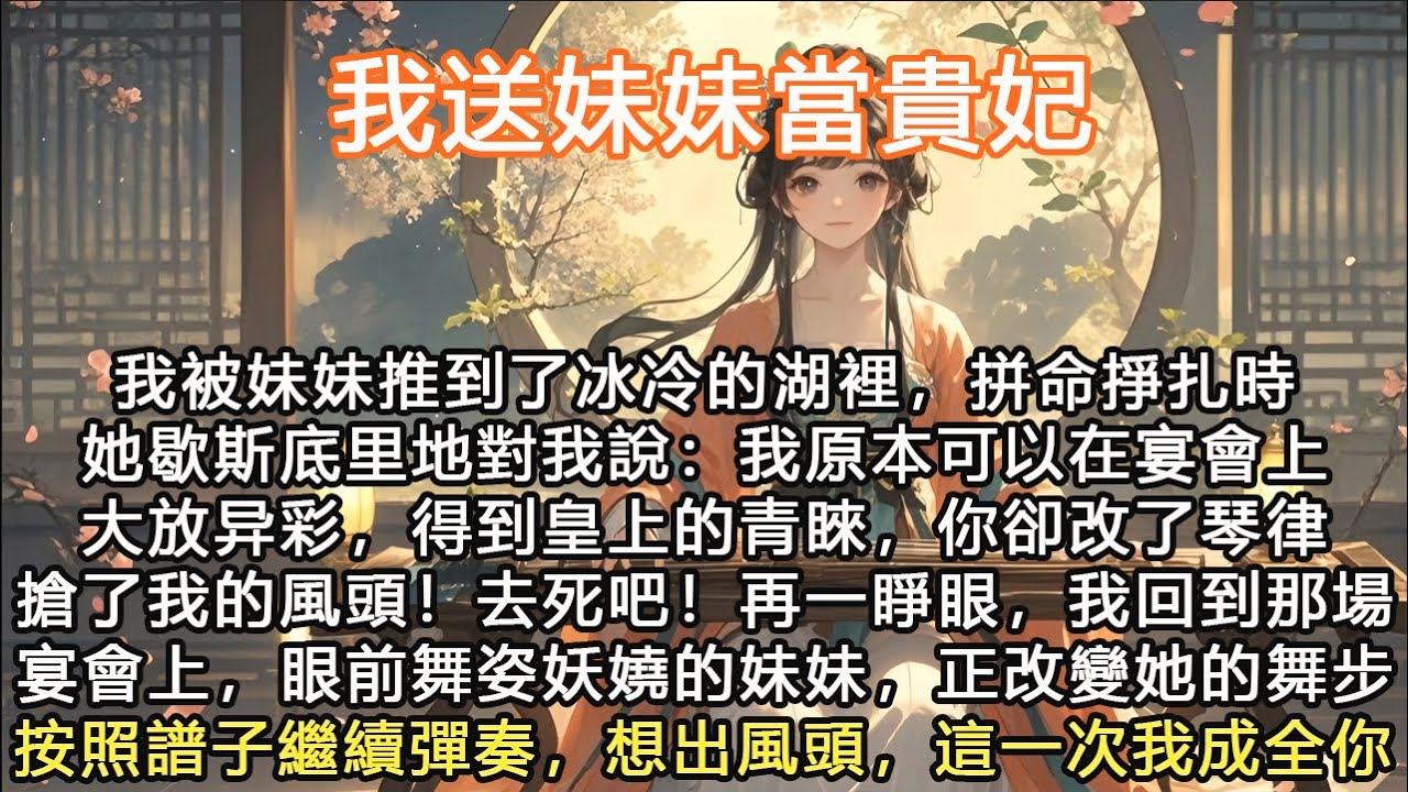 完結大女主無腦爽文：我送妹妹當貴妃，我被妹妹推到了冰冷的湖裡，拼命掙扎時她歇斯底里地對我說：我原本可以在宴會上大放异彩，得到皇上的青睞，你卻改了琴律搶了我的風頭！ 去死吧！ 再一睜眼，我回到那場宴會上