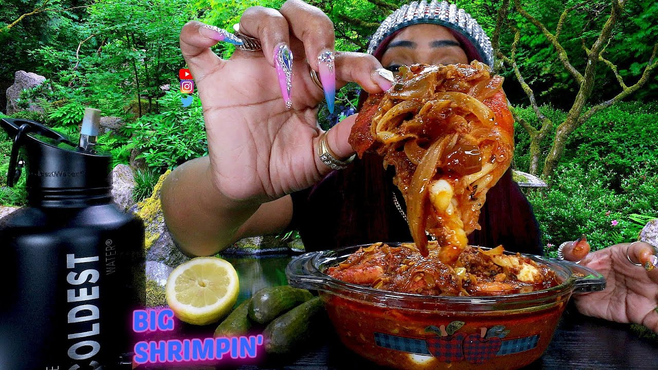 Огромные жареные креветки Мукбанг