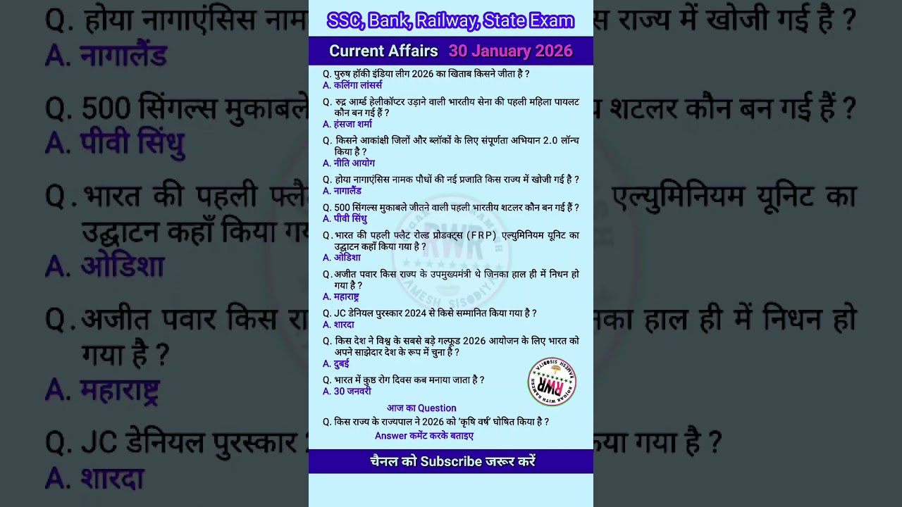30 January 2026 Current Affairs | आज के सबसे महत्वपूर्ण प्रश्न |Exam में पक्का आयेगा 