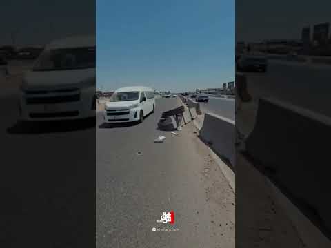 كتلة كونكريتية تتوسط #الطريق_السريع لمدخل #بغداد الجنوبي وتحذيرات من تسببها بحوادث مرورية