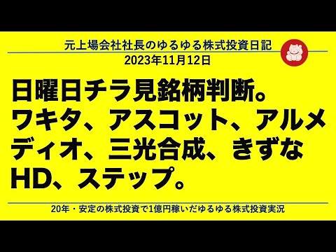 日曜日チラ見銘柄判断。　　ワキタ、アスコット、アルメディオ、三光合成、きずなHD、ステップ。