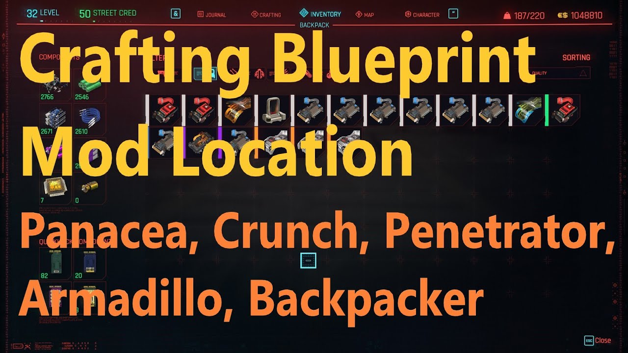 Patched Cyberpunk 2077, Crafting Blueprint Mod Location,Panacea, Crunch, Penetrator, Armadillo,