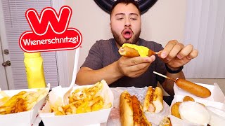 WIENERSCHITNZEL CHILI CHEESE DOGS + CHILI CHEESE FRIES MUKBANG