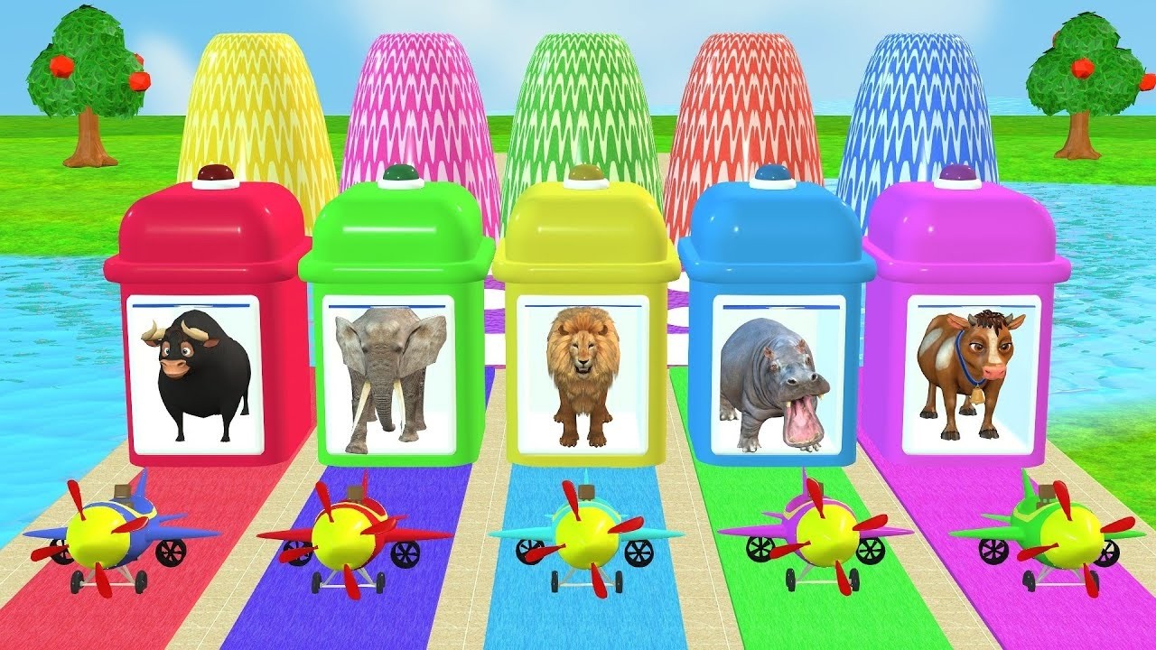 Long Slide Game With Duck Hippo Tiger Cow | Paint Animals Fountain Crossing ss | Funny 3d Animation