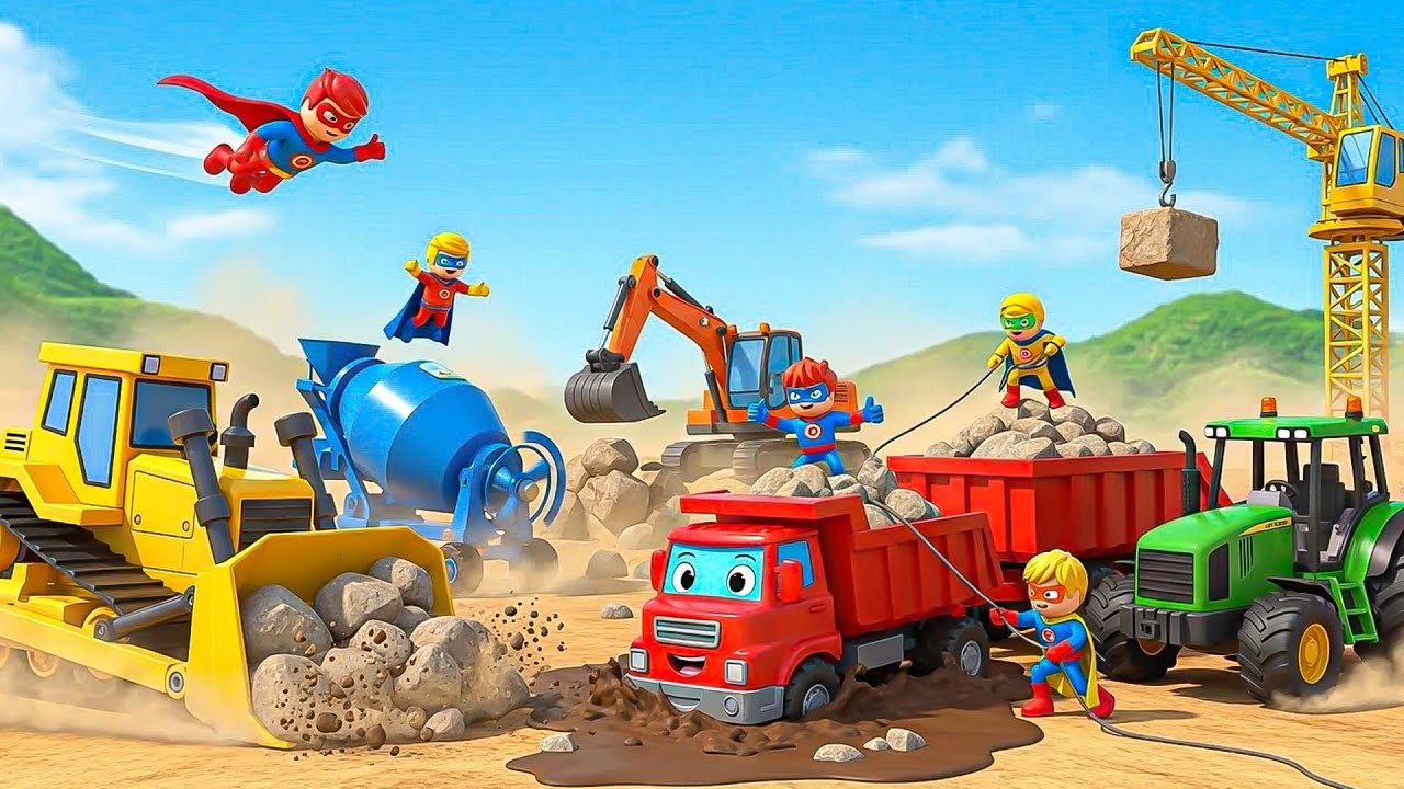 Funny Construction Site 🚓🚒 Tractor, Truck & Transport Crane Crash into the River | Kids Vehicles Fun