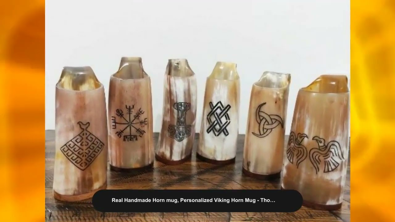 Real Handmade Horn mug, Personalized Viking Horn Mug - Thor's Hammer, Polished Horn mug