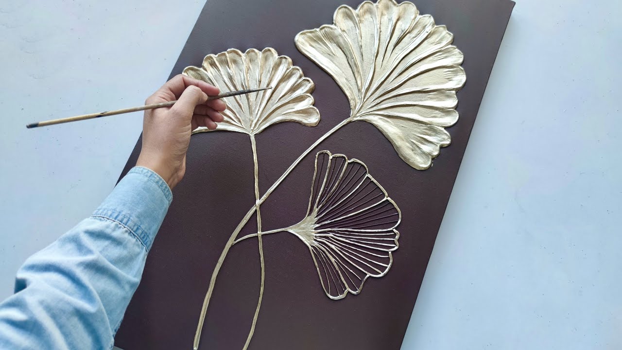 Golden Ginkgo Flower with Texture Paste and Gold Leaf | DIY Texture Art ...