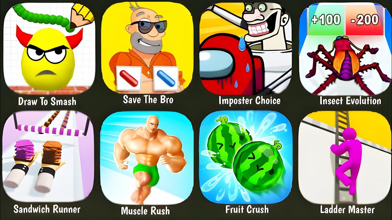 Draw To Smash, Save The Bro, Imposter Choice, Insect Evolution Run, Sandwich Runner