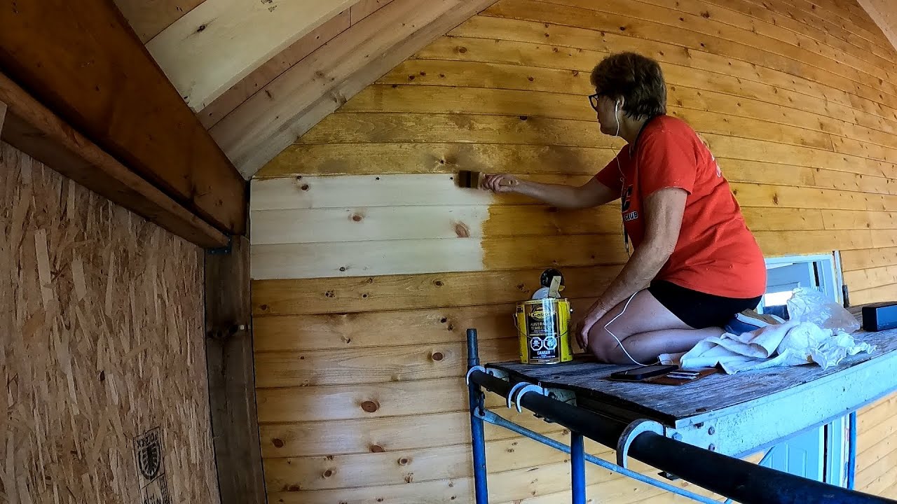Big pine wall built & stained...DIY Cabin...Episode 78