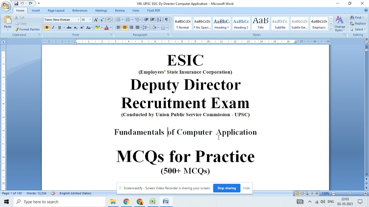 ESIC Deputy Director Recruitment Exam Conducted by UPSC Fundamentals of Computer Application