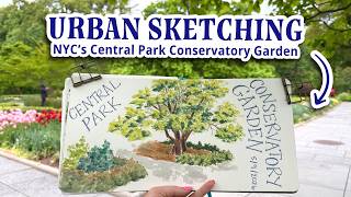 NYC Urban Sketching 🎨 Central Park's Conservatory Garden 🖌️ Watercolor, Neocolor 2, & Ink Pen