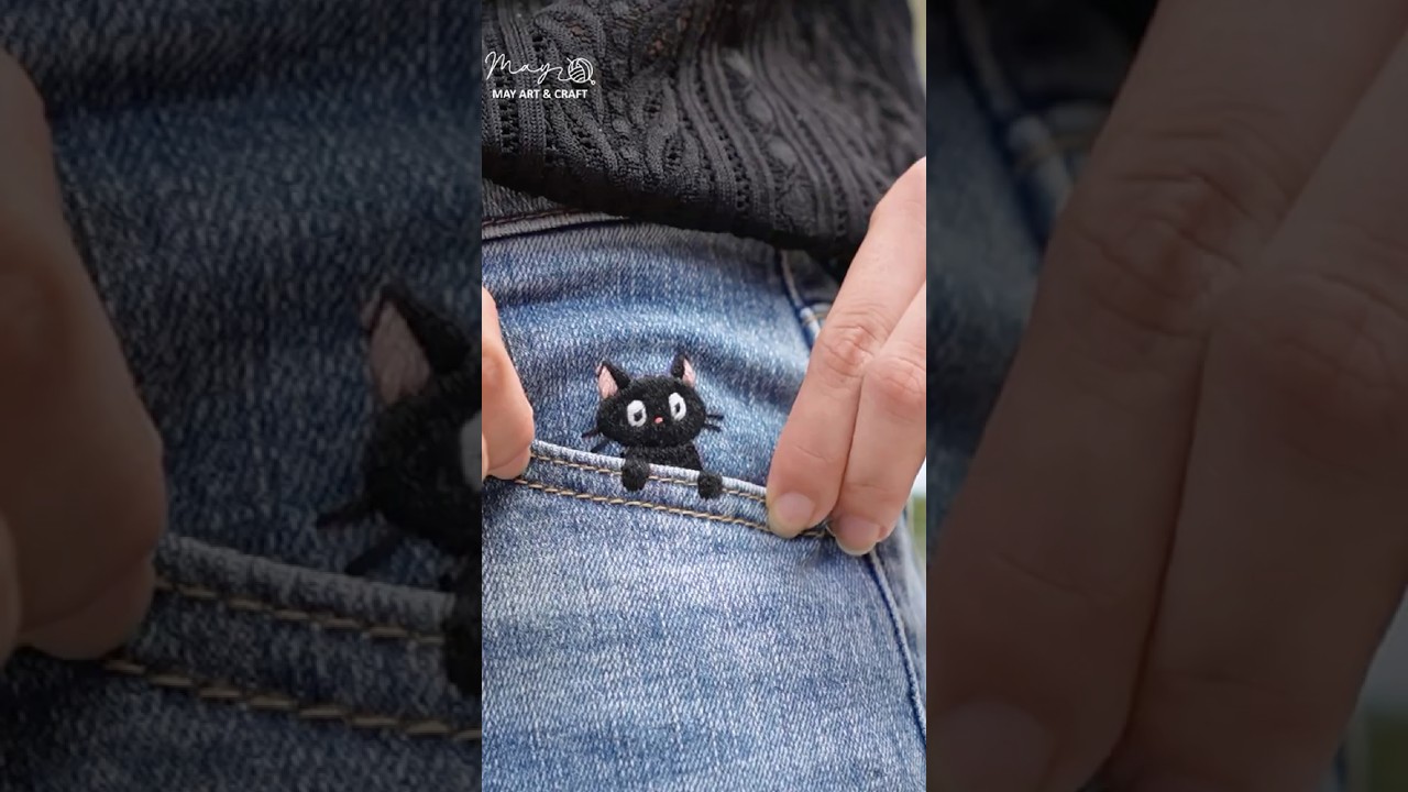 Embroider a cute cat on a jeans pocket 