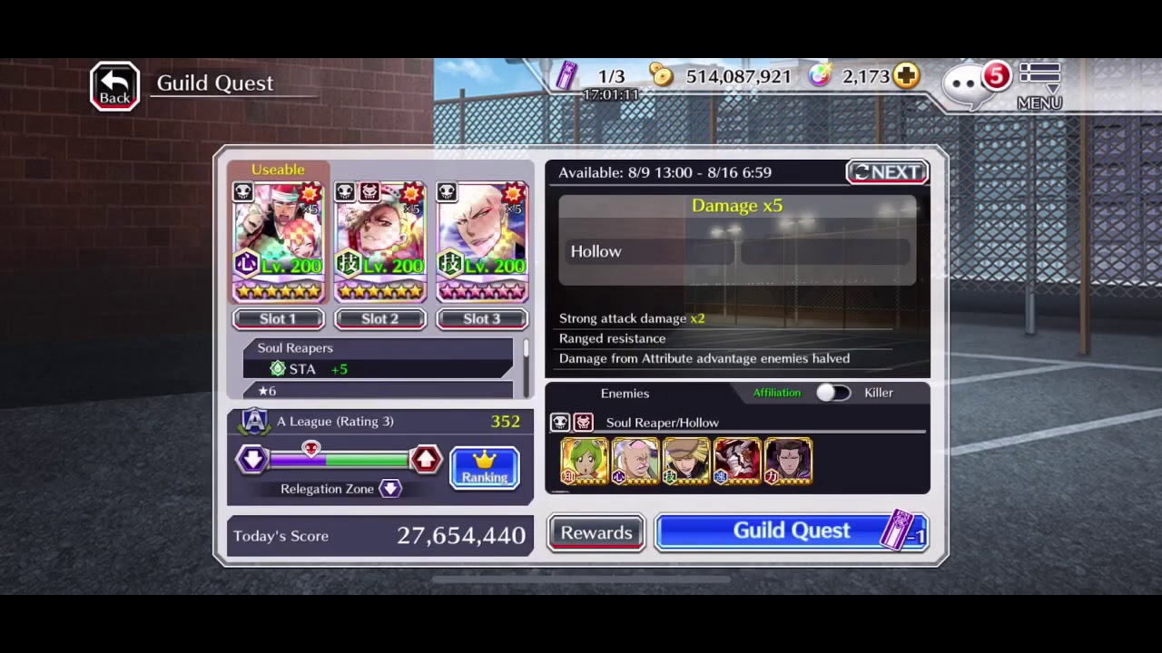 Bleach Brave Souls Guild Quest Melee Hollow Killer Week - TT Renji, Hiyori, Ikkaku