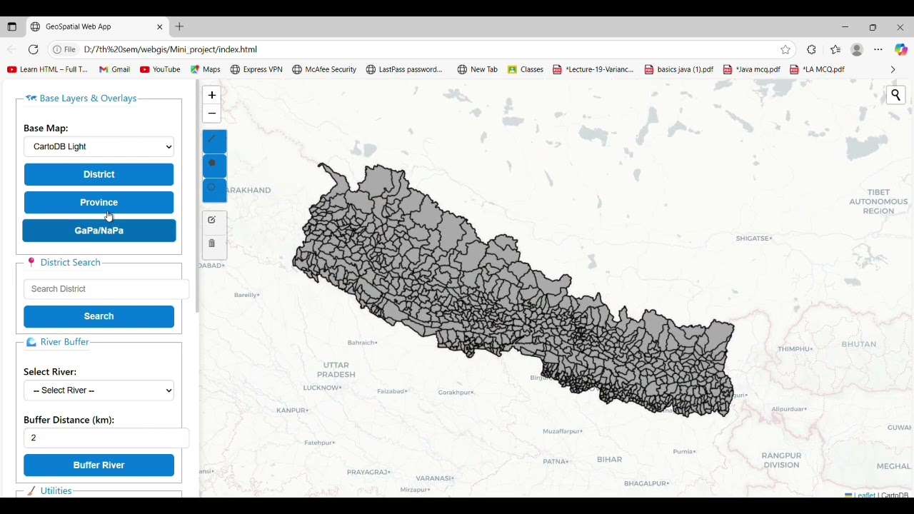 🌍 GeoSpatial Web App with GeoServer, Leaflet & Turf.js | District Search, POI Filter, Buffer,& More!