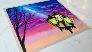 Draw street light under night sky - Oil pastels