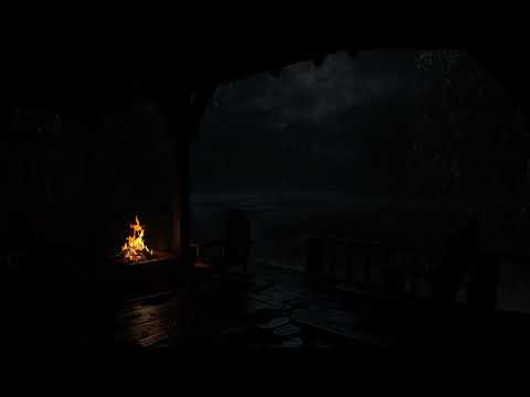 No Ads🌊Seaside Porch Rain Crackling Fireplace | Thunderstorm Rain Sounds for Deep Sleep